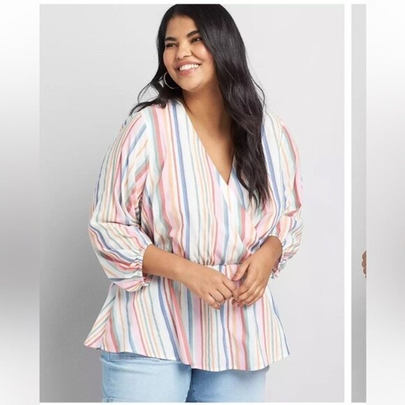 Lane Bryant Striped Multicolor Crossover Peplum coquette Babydoll Top Size 14 - Picture 1 of 13
